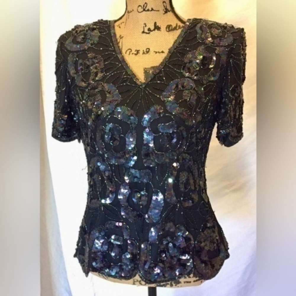 PAPELL BOUTIQUE BLACK BEADED FORMAL TOP S FULLY LINED